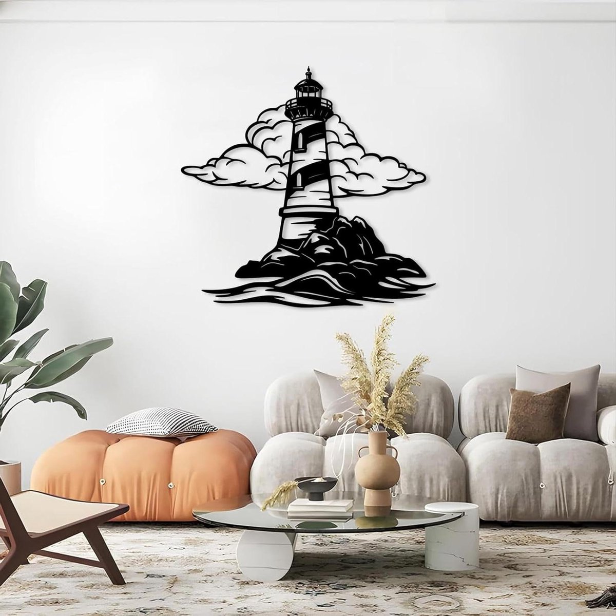 Vuurtoren wanddecoratie metaal - Oceaan muurkunst - Maritieme sfeer creëren - Uniek smeedmetaal design - 71.1 x 66 cm - Zwart
