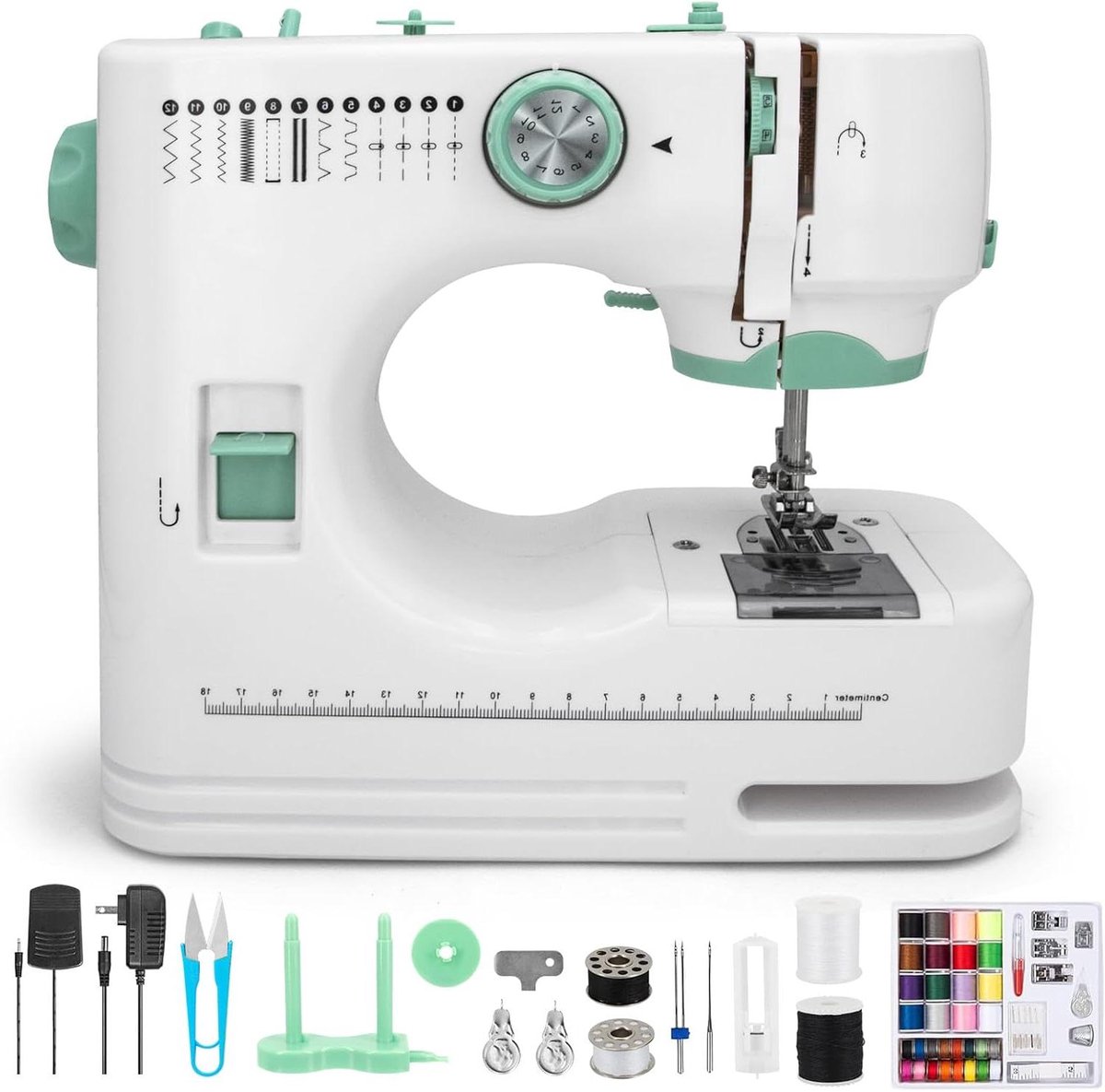 Naaimachine Beginners - Compact Naaien - Kleding Maken - 12 Steken Dubbele Draad - 30x15x28 cm - Wit Groen