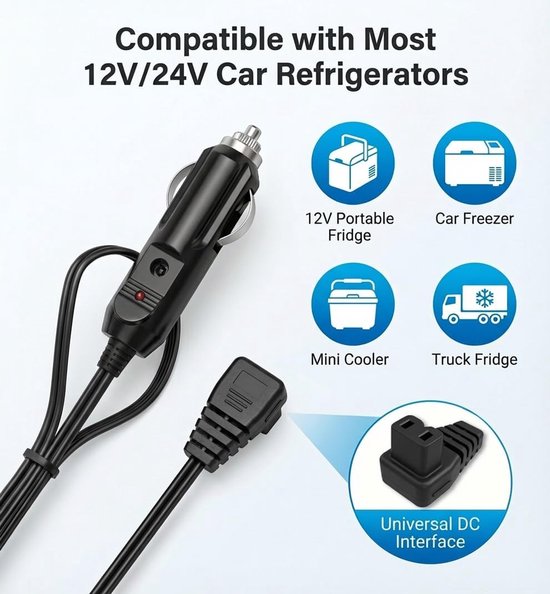 Koelkast Kabel - Stroomkabel Auto - Voeding Onderweg - 12 Volt Aansluiting - 4 Meter Lengte - Zwart — afbeelding 3