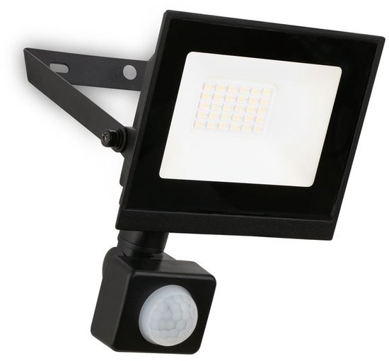 Zwarte LED schijnwerper met bewegingssensor, neutraal wit licht, voor buiten.