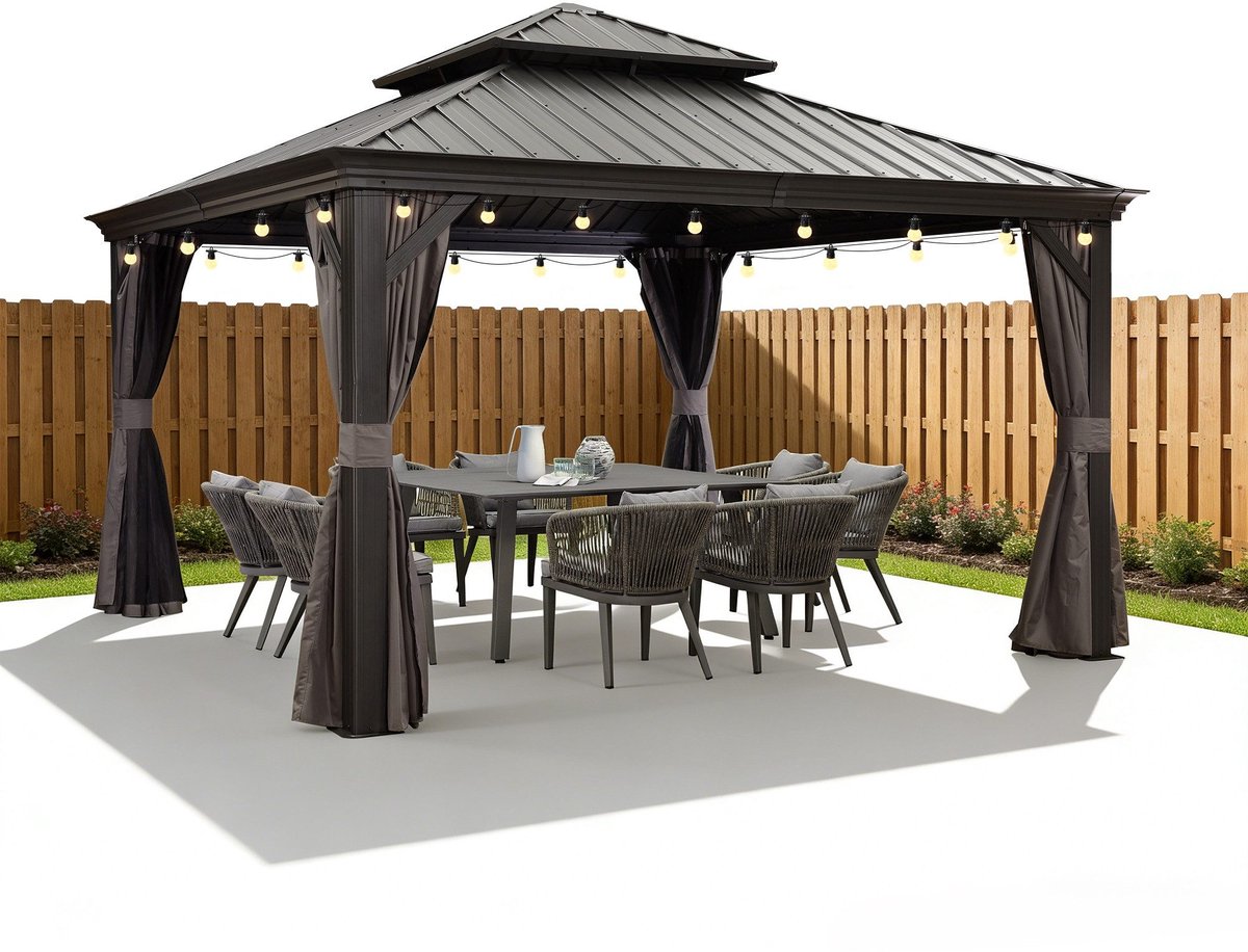 PURPLE LEAF Hardtop Aluminium Tuinpaviljoen – Dubbel dak – Hoogwaardige Gordijnen – Wind- en weerbestendig – Luxueus Grijs – Met Sfeerverlichting