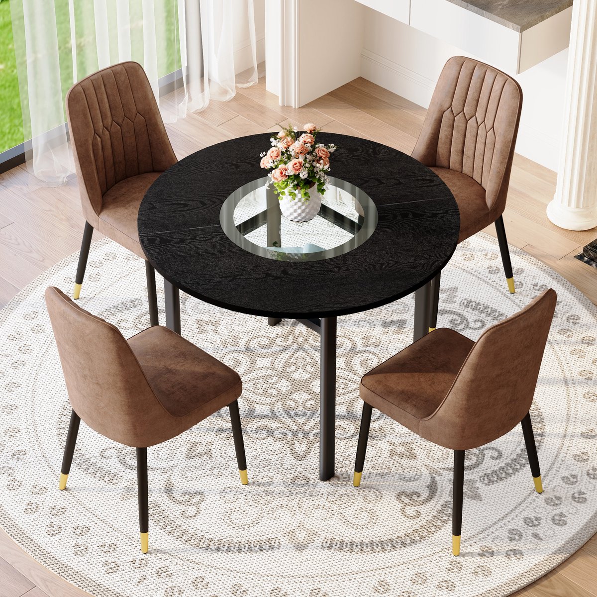 HAUSS SPOLE Eettafelset - Ronde Eettafel Met 4 Stoelen - Minimalistisch Met Glazen Inleg En Opbergplateau - Bruin Zwart Zwart + Bruin