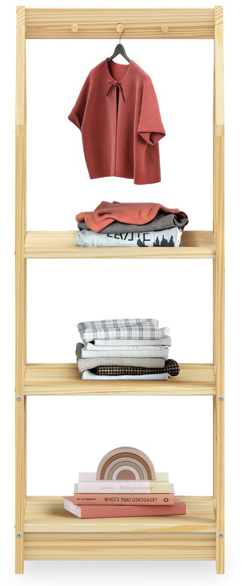 Kinderplank SALLY huisvorm, naturel - Montessori kinderplank met 3 planken, praktische haken voor organisatie. Planken voor kinderkamer, kindermeubilair, kinderkledingkast - Hoofdafbeelding