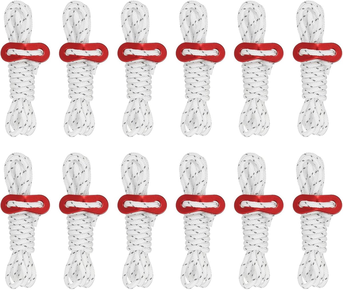 4mm Tent Rope - 12Pcs 6.5ft Reflective Guy Rope Cord - Tied Rope Paracord Camping Ropes met Red Aluminum Cord Adjusters voor Camping Hiking Tent - Wit