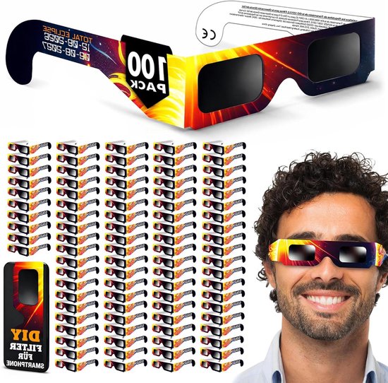 Boîte de 100 lunettes de soleil. Hommes portant des lunettes de soleil. Design noir avec des couleurs de feu.