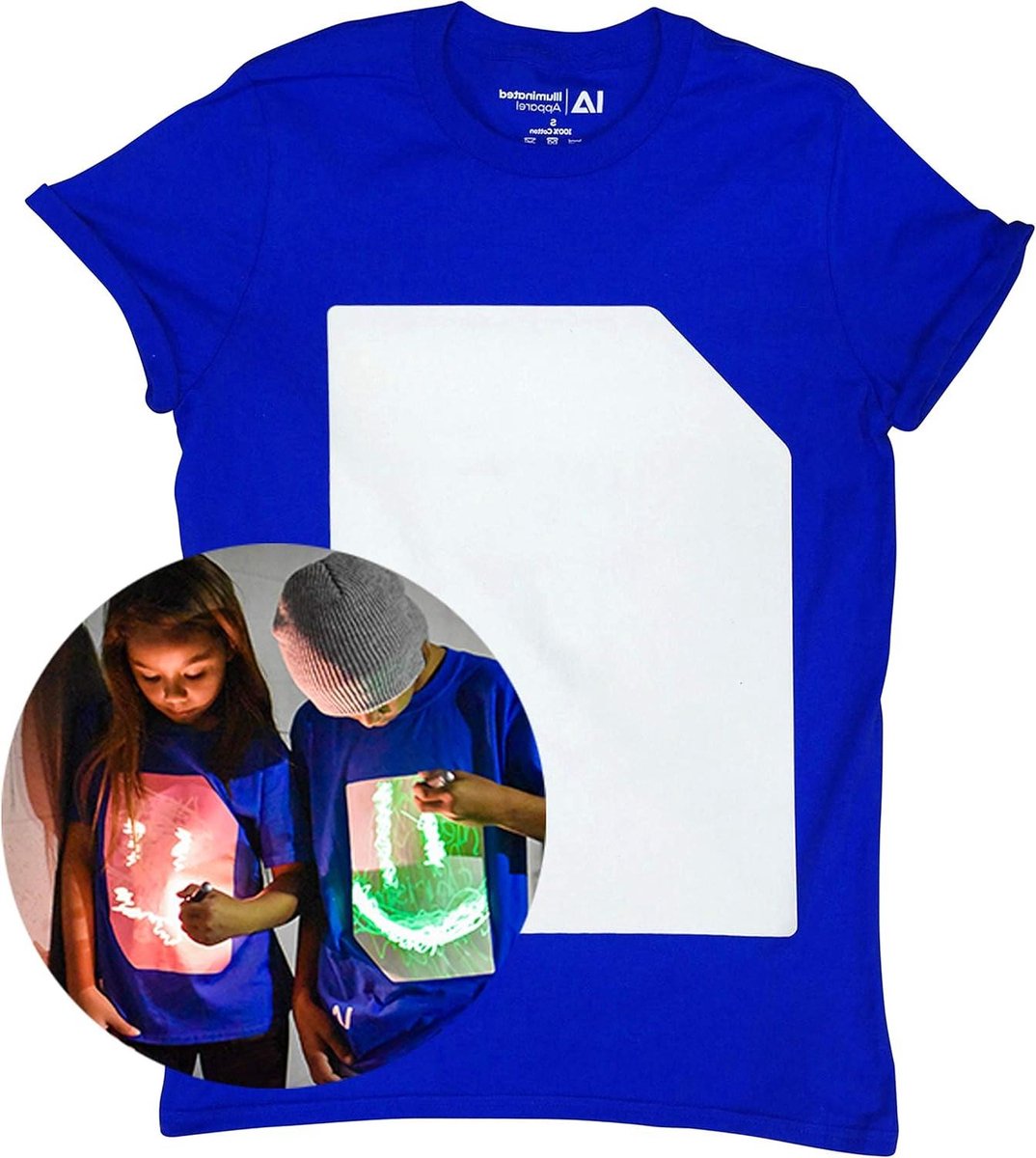 Interactief T-shirt - Glow in the dark - Creatief Tekenen - Oplaadbare Lichtpen - 12.7 x 12.7 cm - Zwart