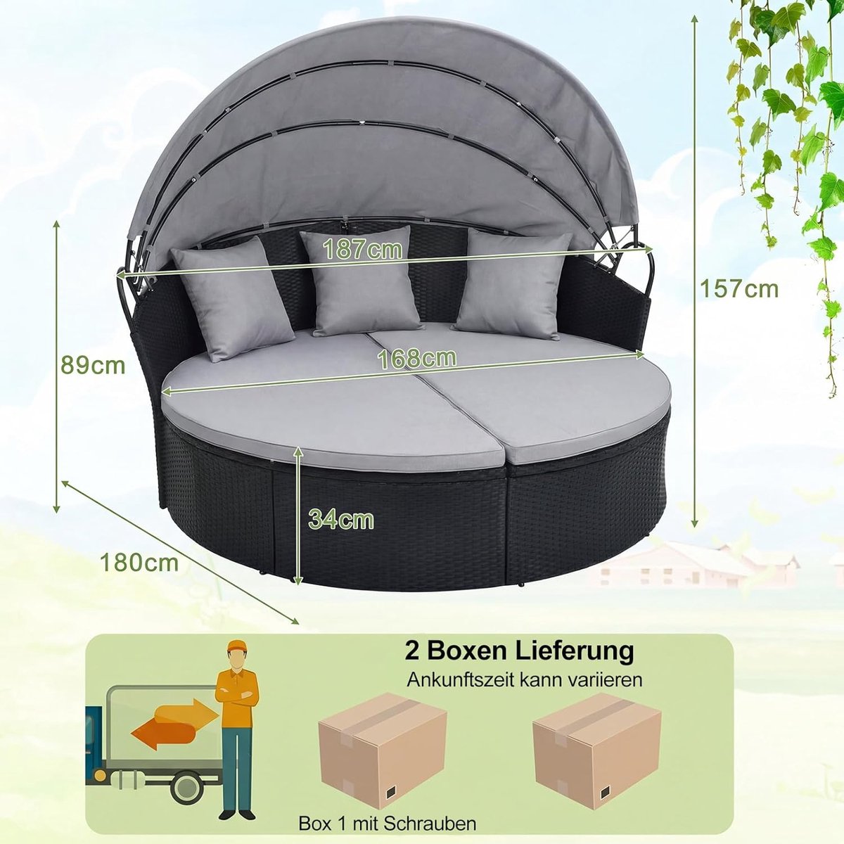 Zonne-eiland met Dak – ABTkantoor Luxe Rotan Daybed 2-Persoons Grijs Outdoor Lounge Ligbed met Intrekbare Luifel, 7 Kussens, Modulaire Tuinbank & Weerbestendig PE Rattan voor Tuin en Terras