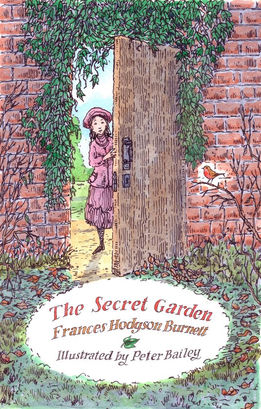 Boekomslag van 'The Secret Garden' door Frances Hodgson Burnett, geïllustreerd door Peter Bailey. Een meisje in roze kleding kijkt om een open deur.