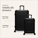 Twee zwarte SUITSUIT koffers, handbagage (55L) en ruimbagage (71L), met verticale ribbels.