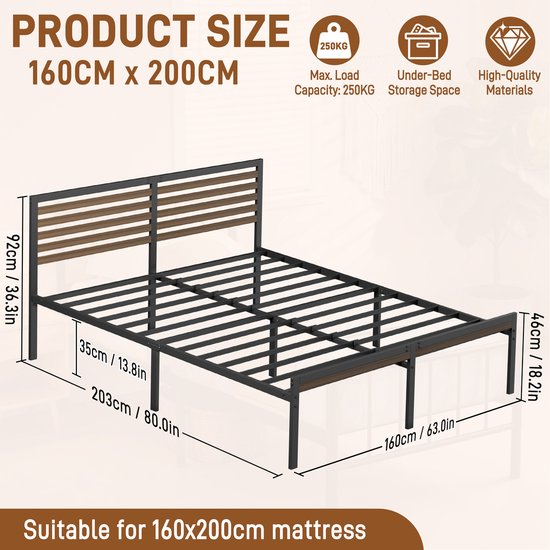 Productafmetingen: Bedframe 160x200 cm, hoogte 92 cm, draagvermogen 250 kg, ruimte voor opslag onder het bed.