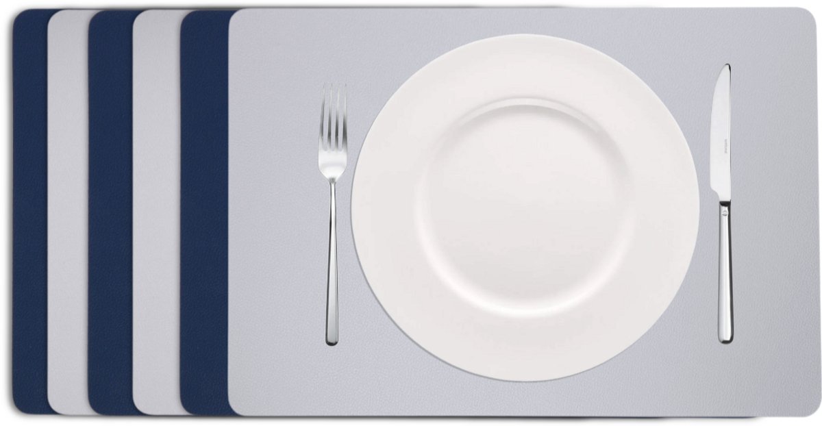 Cookinglife Placemats - Set van 6 - Rechthoekig - Dubbelzijdig - Vegan Lederlook Onderleggers - Grijs/Blauw - 46 x 33 cm