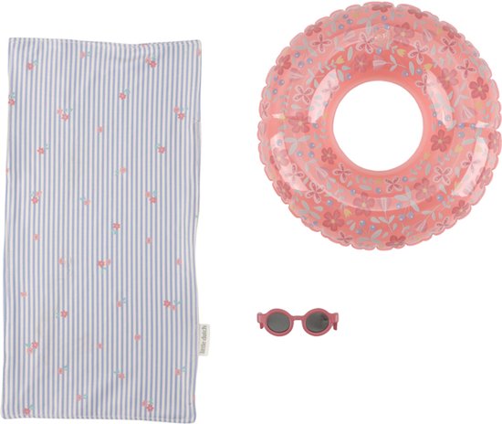 Gestreept strandlaken, roze zwemband met bloemenprint en roze zonnebril.