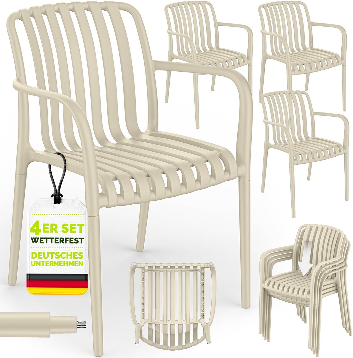 tillvex® Tuinstoelen 4-delige Set Stapelbaar Weerbestendig met Armleuning | Outdoor Stoelen tot 120kg Belastbaar | Tuinstoelen Outdoor | Terrasstoel Tuinmeubelen Balkon Tuin Terras