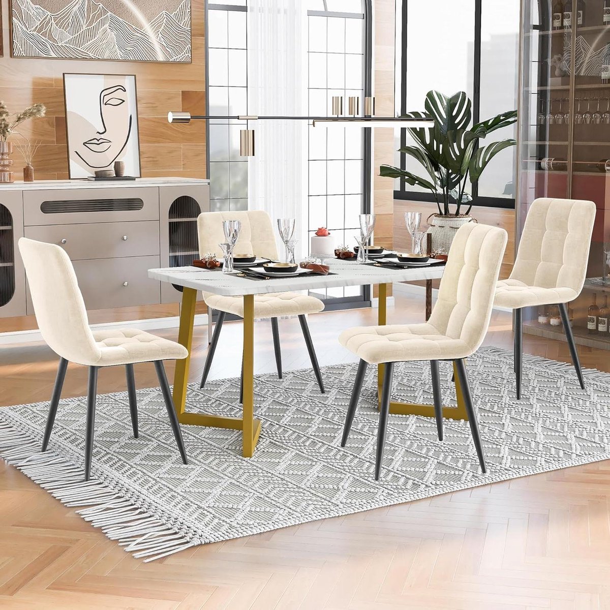 Eettafel met stoelen - Keukentafel set - Samen eten - Gouden tafelpoten - 117x68x75cm - Beige