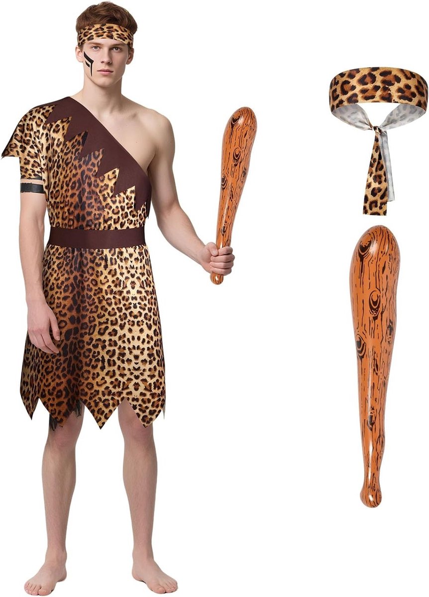 4-delig Kostuum voor Volwassenen, Tuniek en Accessoires, Prehistorisch Thema, Feest, Carnaval, Halloween