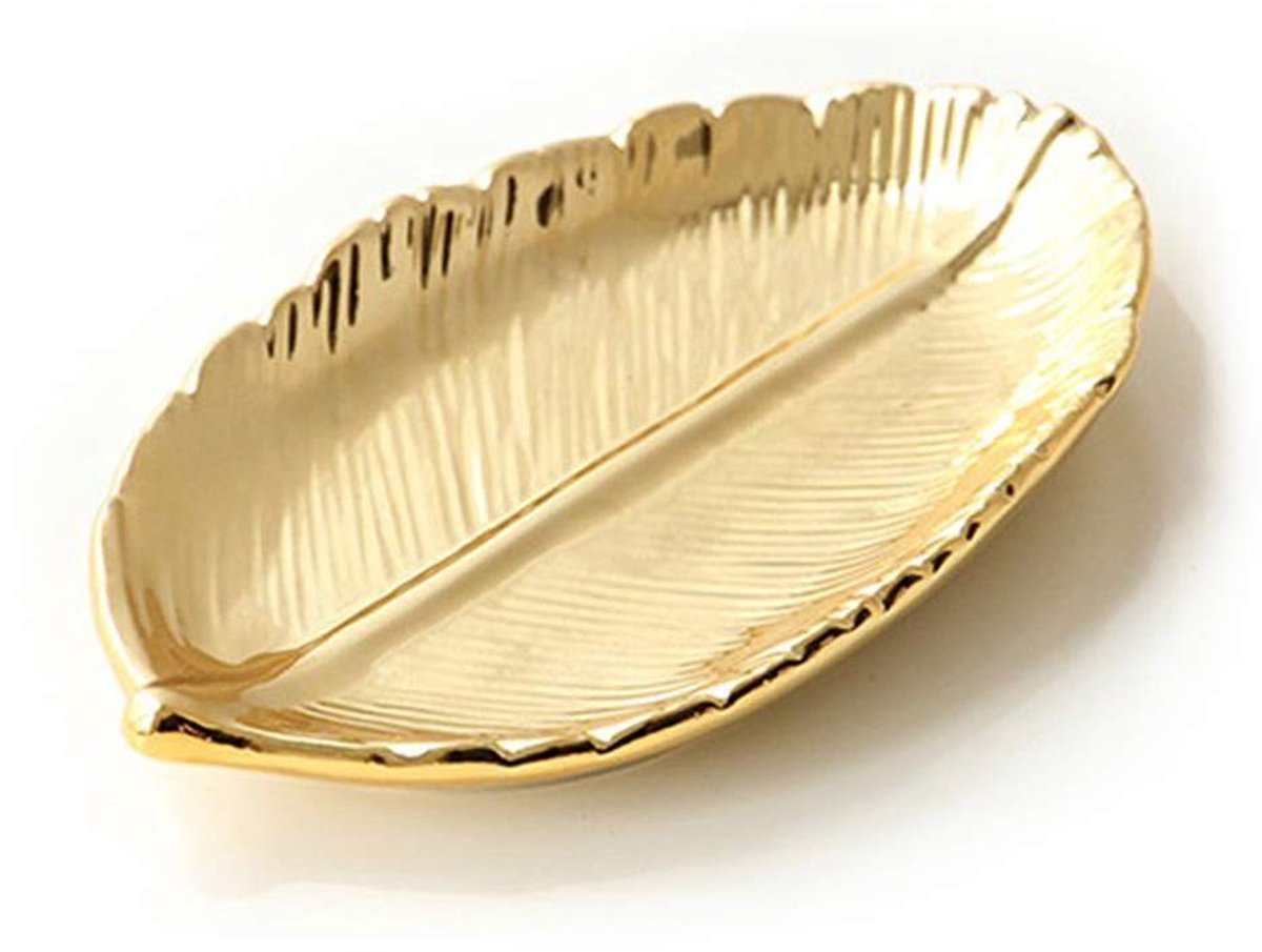 ONF3 - Lependor Jewelry Flat Holder - Sieradenhouder - Elegante Keramische Ringhouder - Gouden Blad - Decoratieve Sieraden Schaal - Geschikt voo...