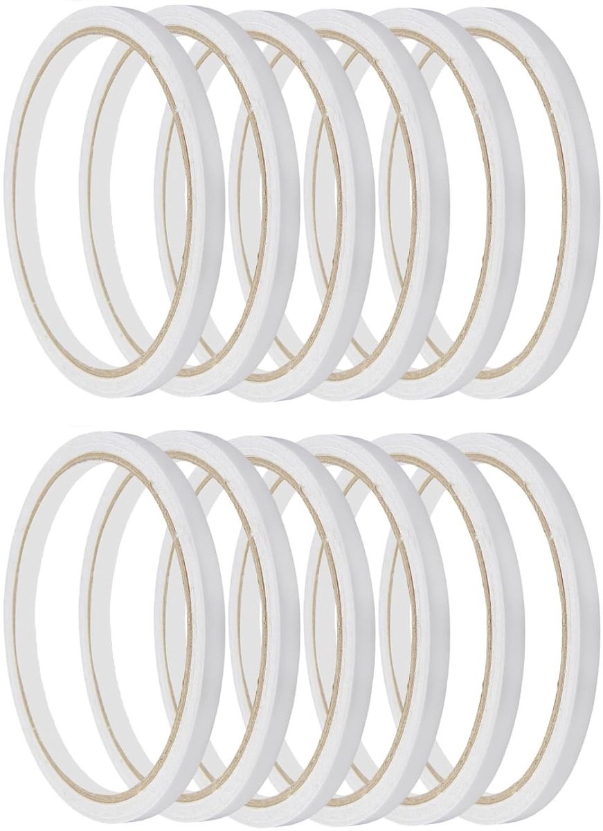 Dubbelzijdige Plakband, Dun, 12 Rollen, Zelfklevende Witte Tape voor Knutselen, Naaien, Scrapbooking, Cadeauverpakking, DIY Projecten, 6 mm x 10 m, Sterk en Makkelijk te Verwijderen, Perfect voor Creatieve Projecten