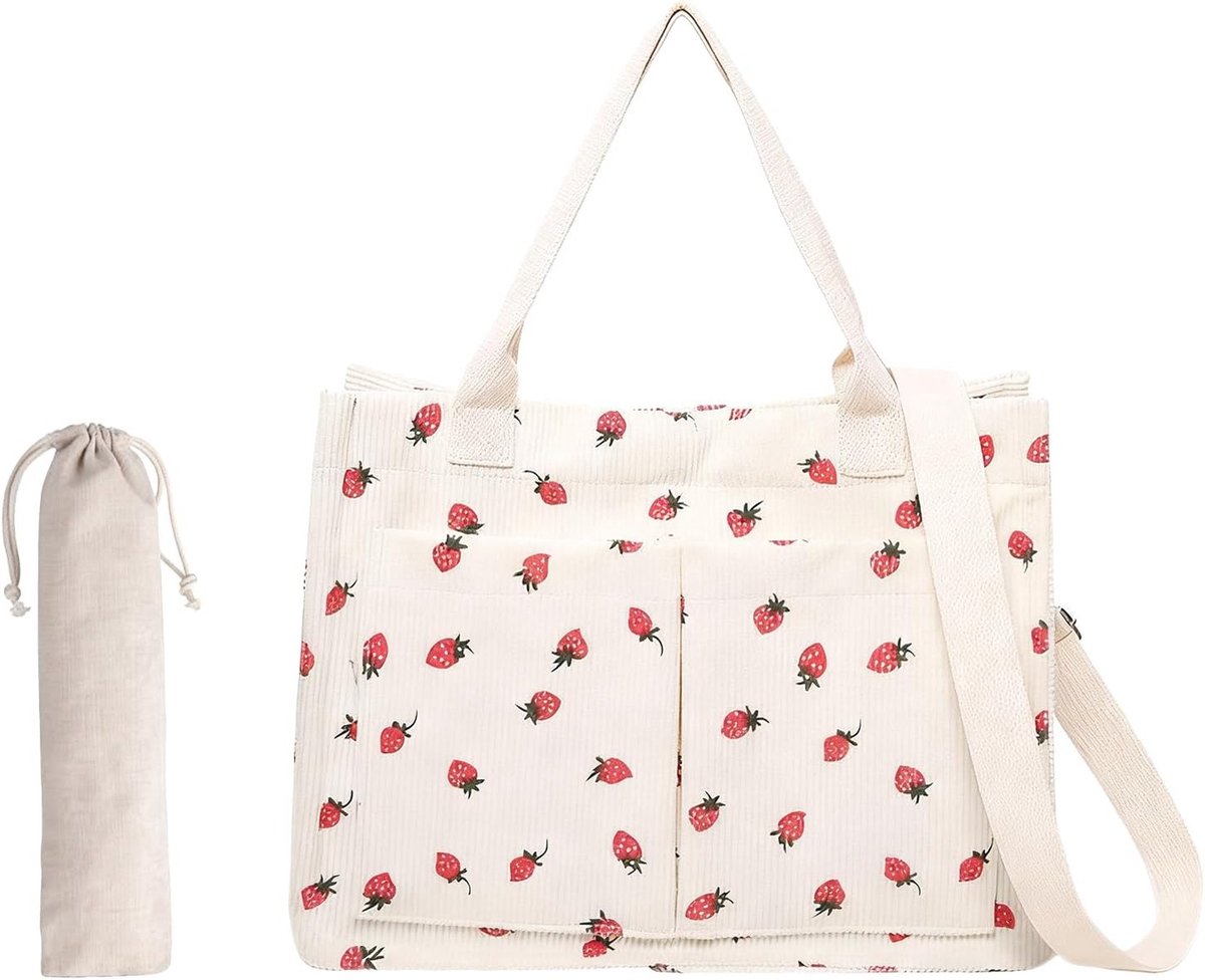 Schoudertas met witte aardbeienprint, lichte tote tas voor dagelijks gebruik, ideaal voor werk en reizen, met mini vak en ruime opbergruimte