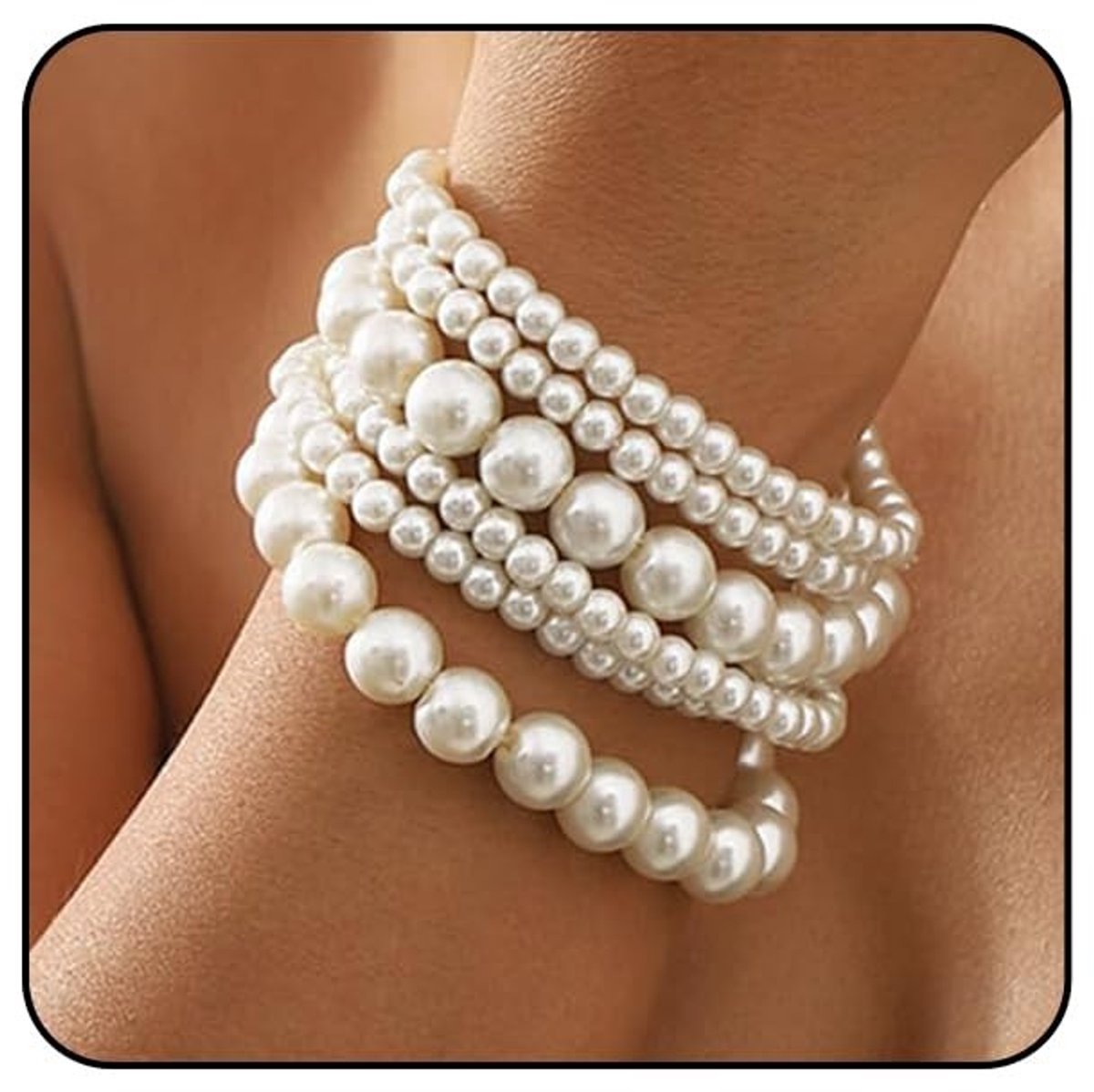 Seb3 - Parelarmbanden set - Elegante damesarmbanden - Handgemaakt - Wit - Stijlvolle accessoires - Perfect voor elke gelegenheid - 6 stuks