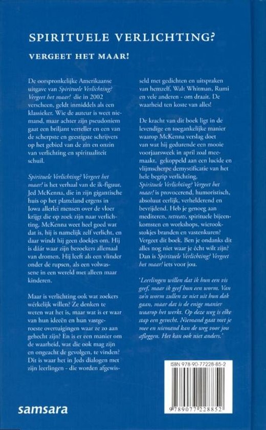 Achterkant boek 'Spirituele verlichting? Vergeet het maar!' met tekst, ISBN en Samsara logo.