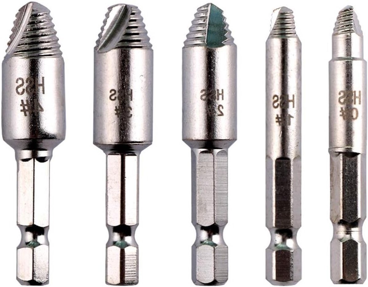 5-delige schroef extractor set 6.35mm met koffer, eenvoudig beschadigde schroeven en bouten verwijderen, gemaakt van HSS 4241, ideaal voor klussen en reparaties
