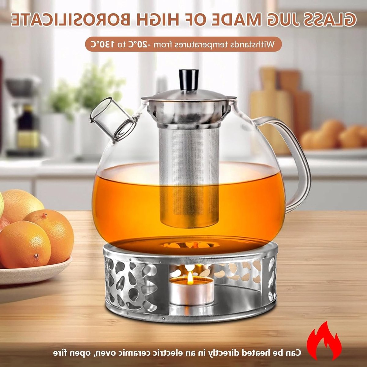 Stijlvolle glazen theepot van 1500 ml met filter en warmhouder voor losse thee, fruitinfusies en geurige theesoorten — cadeau in Kookcadeaus - foto 6