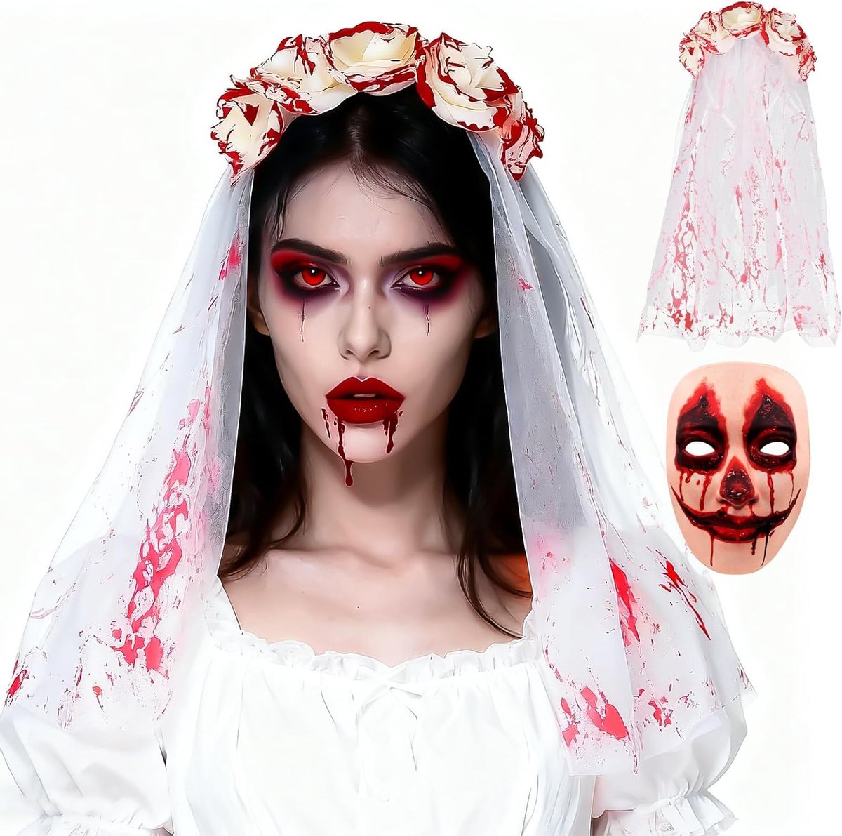 Bloederige Bruid met Masker en Haarspeld voor Halloween, Horror, Kostuumaccessoires voor Feesten en Carnavals