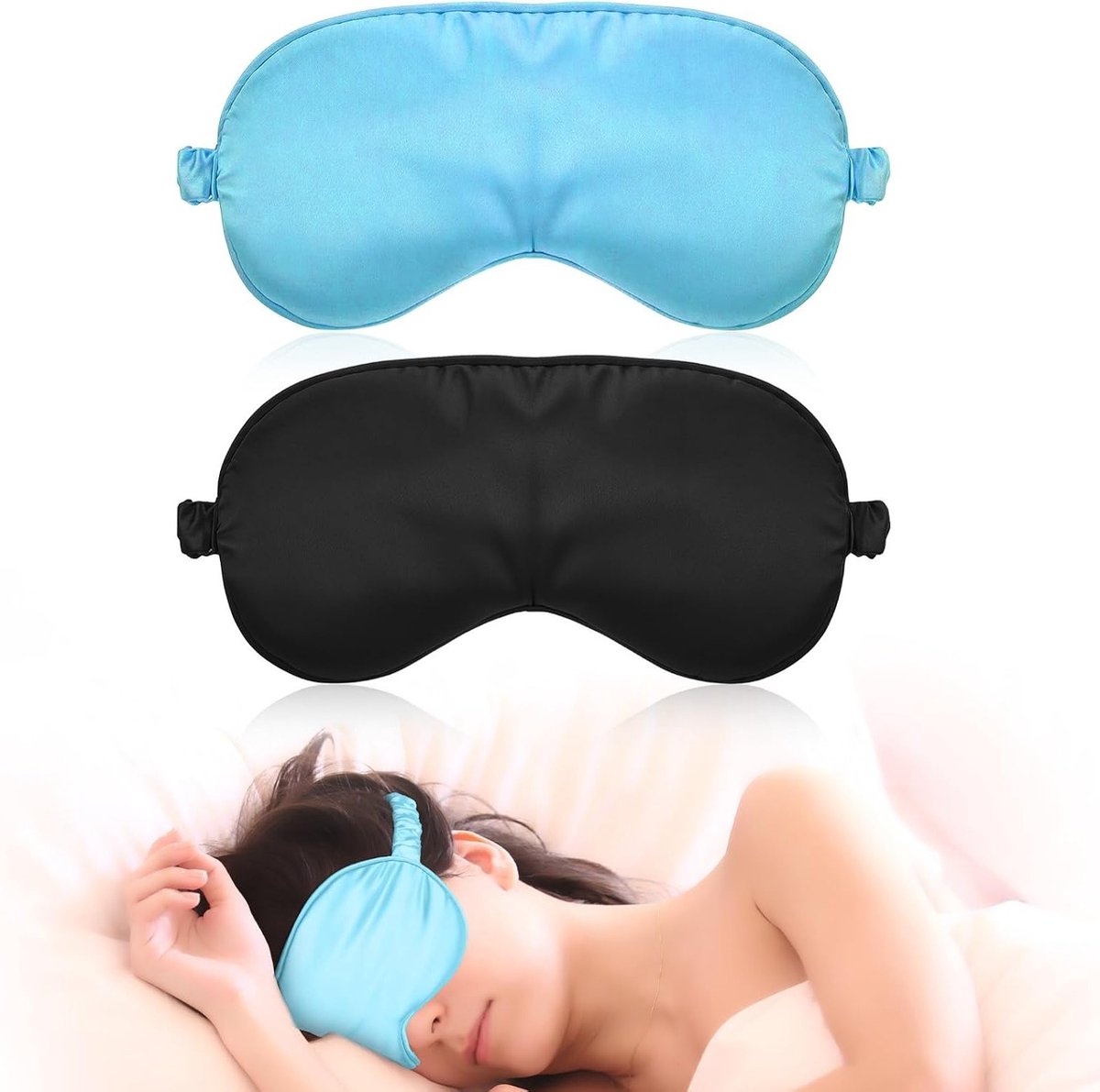 Zijde Slaapmasker voor Dames - 2 Stuks Zacht en Lichtdicht, Verstelbaar Oogmasker voor Ontspanning en Reizen (Zwart + Luchtblauw)