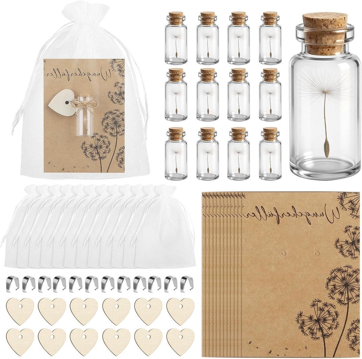 12 Stuks Kleine Wensvullingen met Paardenbloemen in Glas, Geluksbrenger met Kaart, Perfect voor Verjaardag en Trouwerij