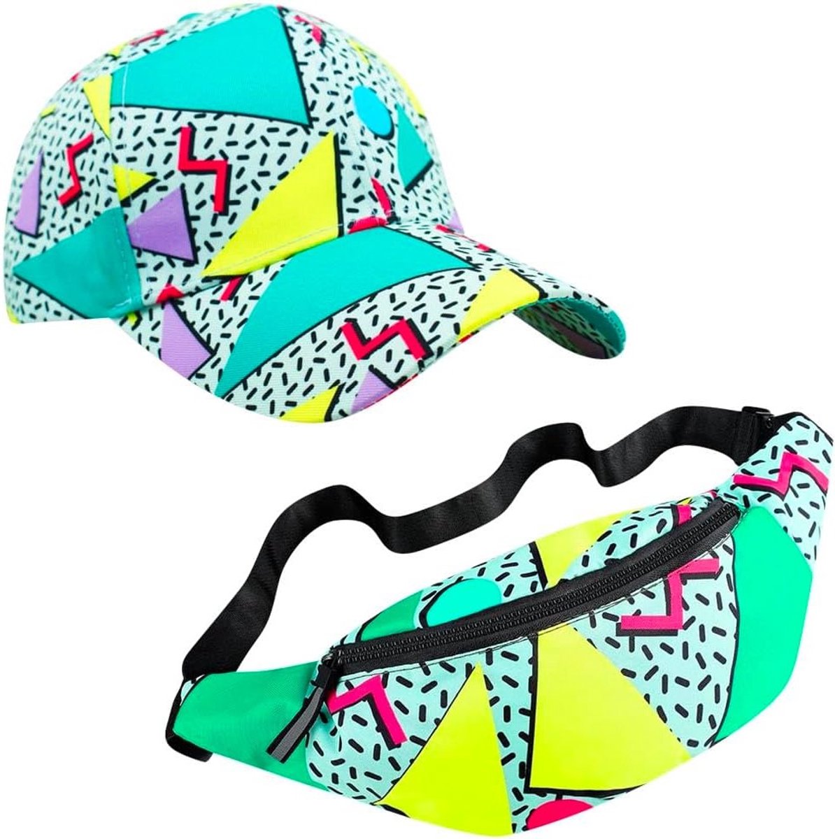 Retro Fanny Pack en Baseball Cap Set voor Feestjes en Rave - Neon Kostuums voor Mannen en Vrouwen, One Size, Groen