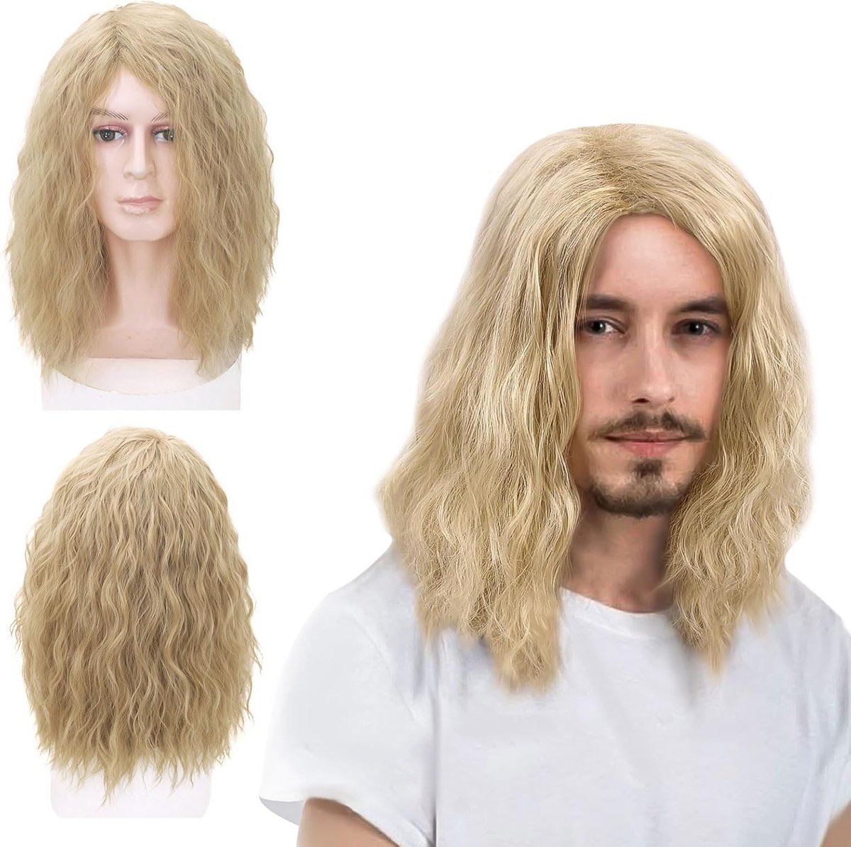 Lang blonde herenperruque van 16 inch, krullend haar voor volwassenen, perfect voor 70s 80s kostuums en Halloween feesten