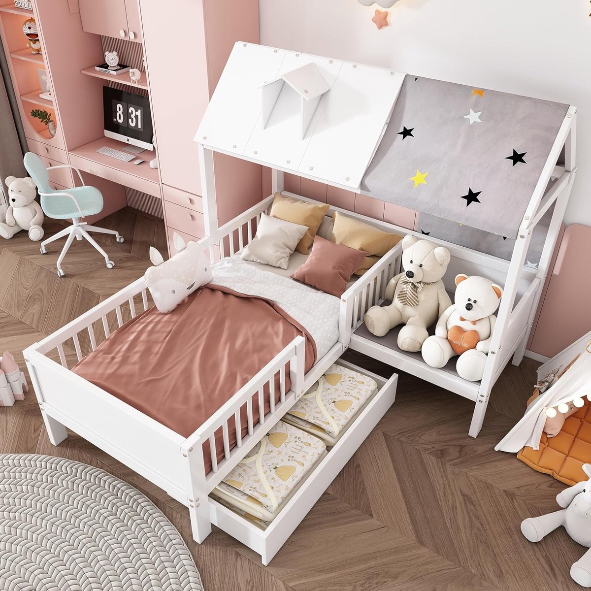 Kinderhuisbed 90x200 cm met Dak en Opberglade – Houten Huisbed met Valbeveiliging, Inclusief Lattenbodem en Tentstof – 205 x 96 x 168 cm – Wit – Laura