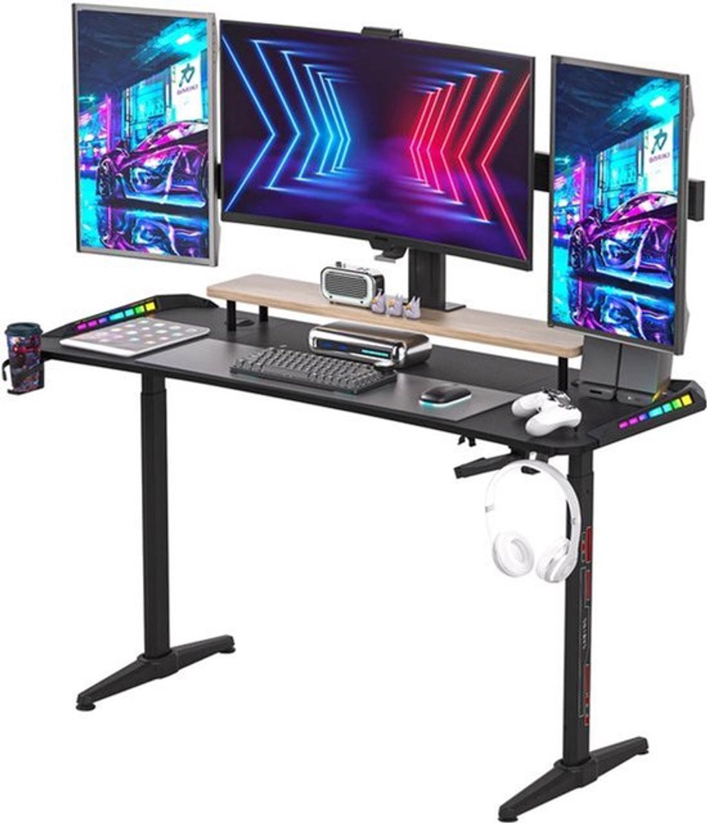 Groot Laptop Computer Bureau - 160x60.5x120cm - Rechthoekig Staand Bureau - Gaming en Thuiskantoor - met RGB LED Verlichting - Hoogte Verstelbaar - Zwart
