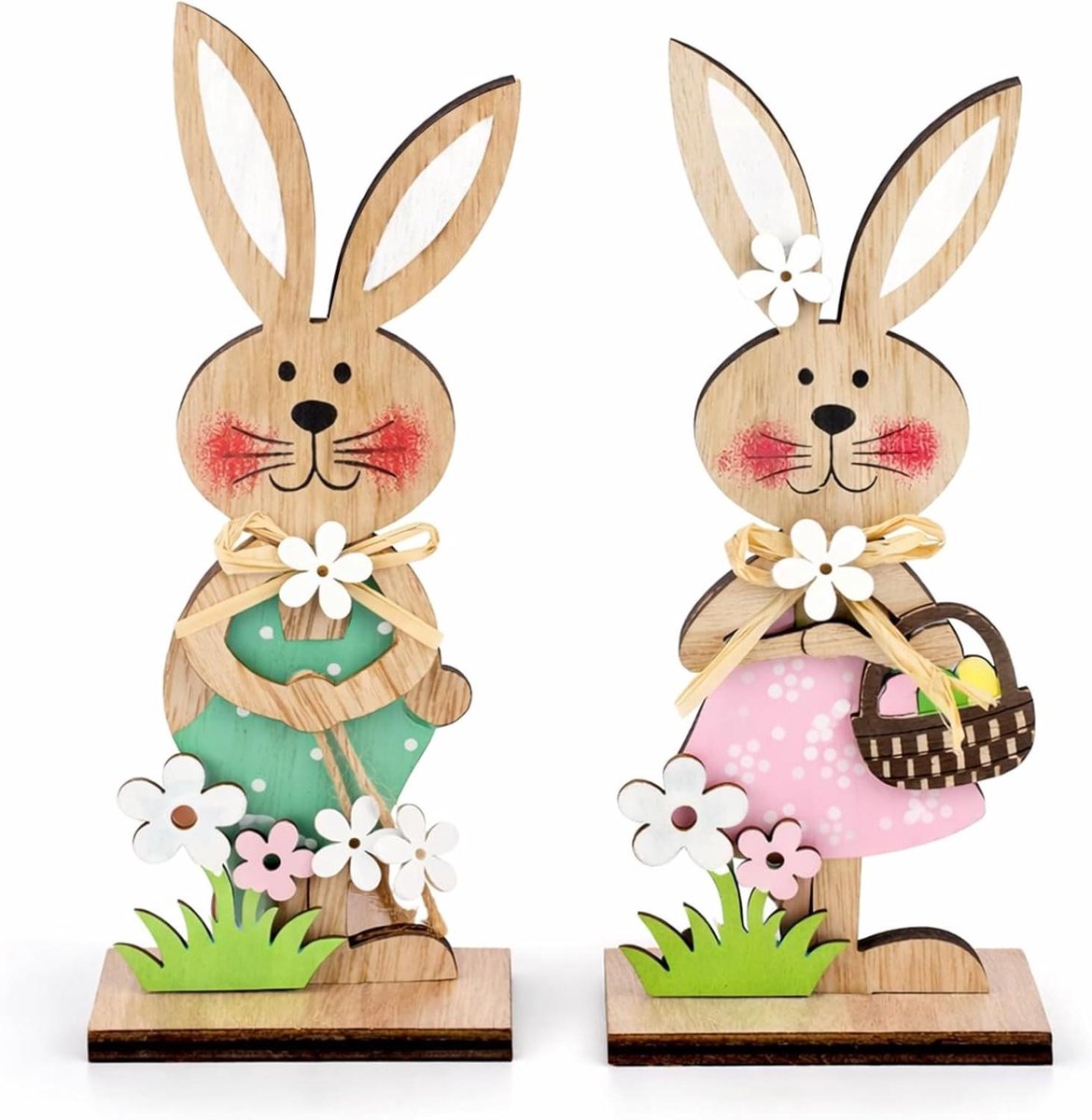Paashaas decoratie - Houten figuur - Feestelijke aankleding - Set van twee - 1 stuks - Houtkleurig