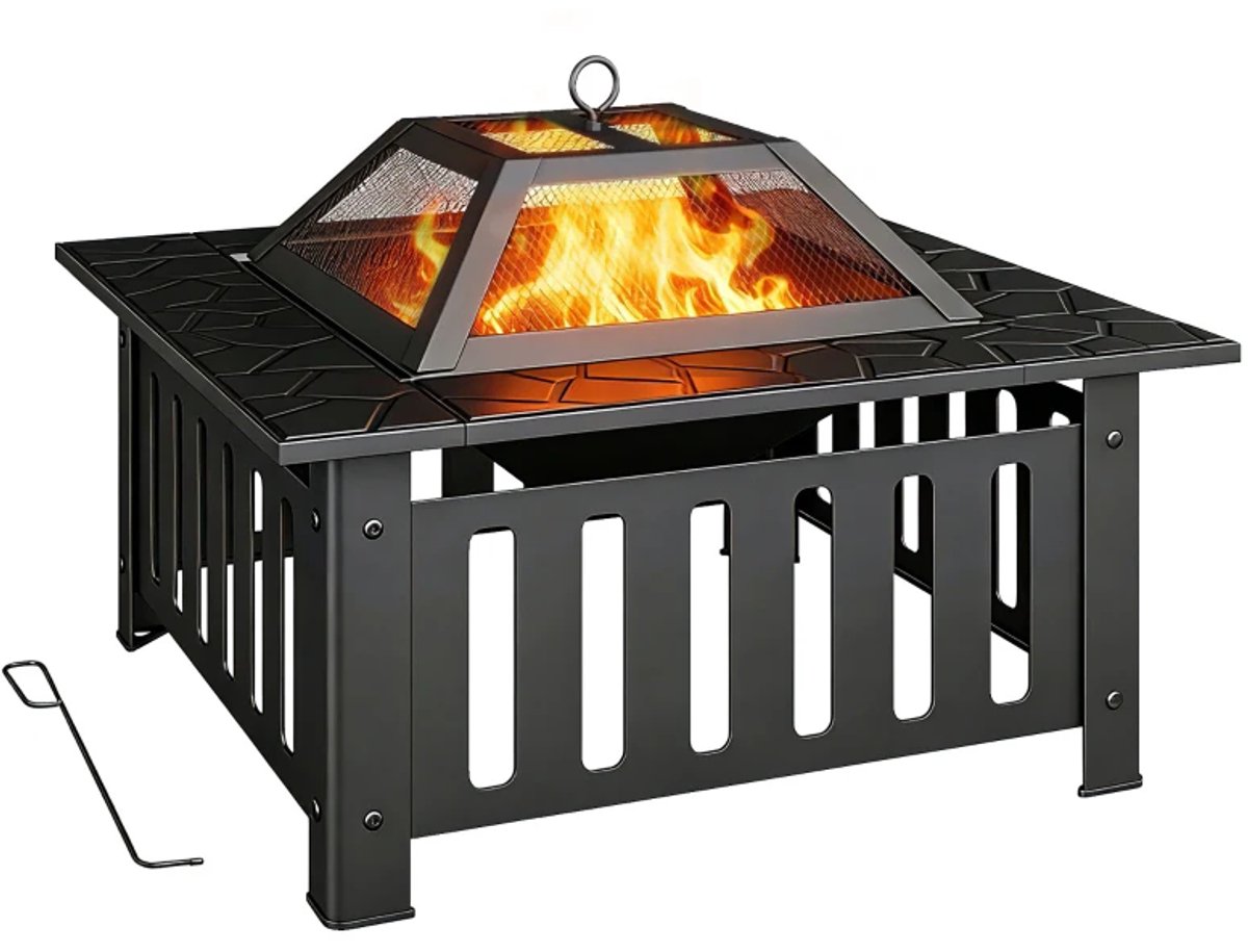 Vuurschaal - Vuurkorf BBQ - Vuurtafel - met Vonkenscherm, Pook - voor Buiten, BBQ, Camping - Tuin en Terras- Staal - Ø 67 x 67 x 47 cm - Zwart