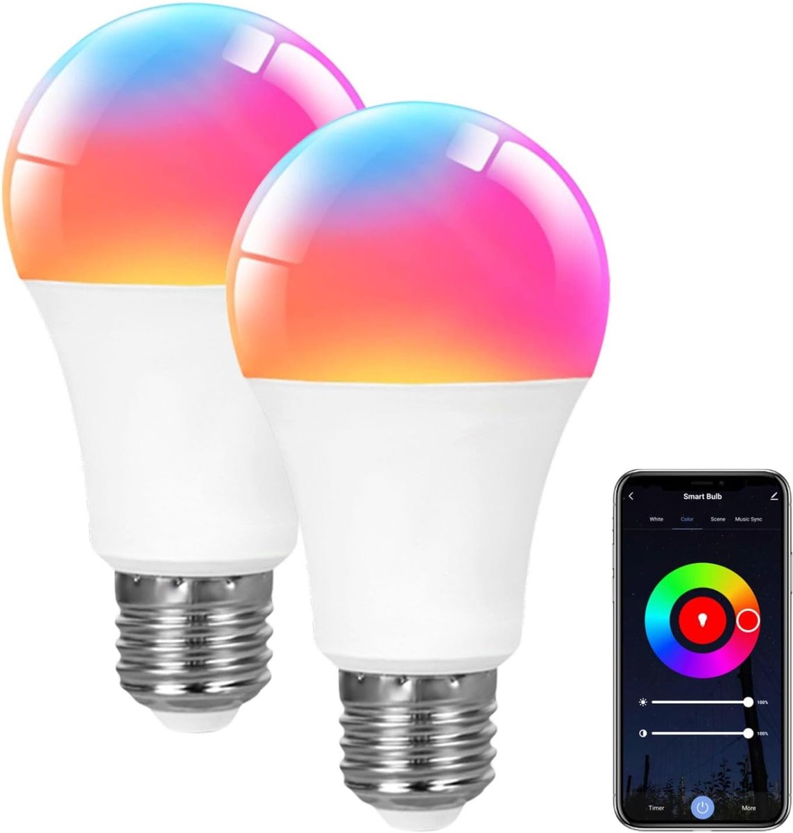 carmdering - Slimme Lamp - Slimme Verlichting - RGB - Smart Lichtbron - Set van 2, E27, 9W, WiFi, werkt met Alexa en Google Home - 16M kleuren + warmwit/koelwit, 1-100% dimbaar - Muzieksynchronisatie, timer en schema's - Tuya Smart Life app, geen hub