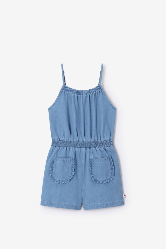 Blauwe denim playsuit met ruches aan de zakken, dunne bandjes en korte broekspijpjes.