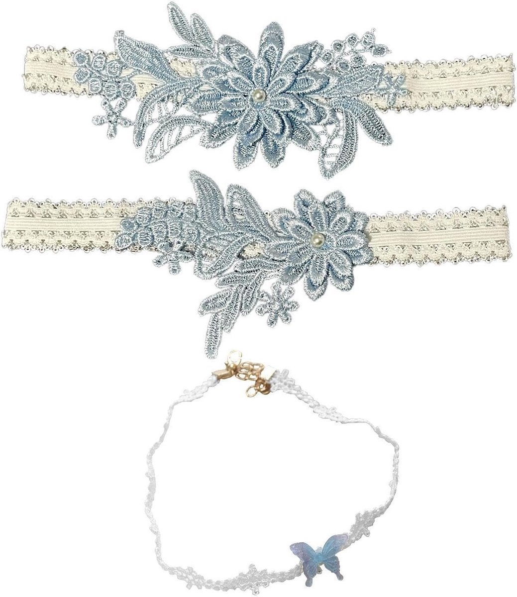 Elegante Bloemen Garter en Vlinder Kraag Set, Kant Garterhouders voor Bruidsaccessoires, Mode en Styling, Blauw, M