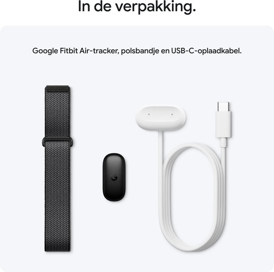 Google Fitbit Air-tracker, bandje en USB-C-oplaadkabel in de verpakking.