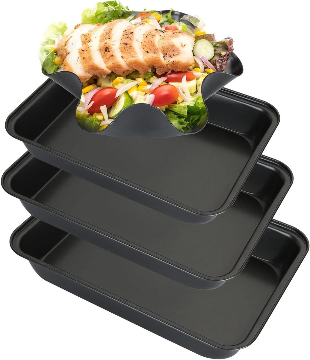 Set van 3 Rechthoekige Ovenschalen van Koolstofstaal met Antiaanbaklaag en Tortilla Mallen - Ideaal voor Bakken, Koken en Serveren in Diverse Maten