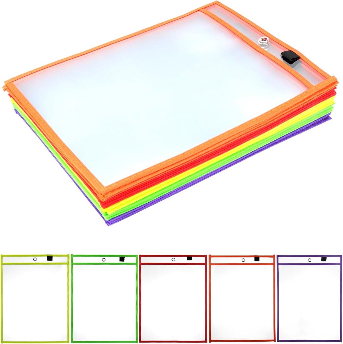 Set van 25 Herbruikbare A4 Droogwiszakken, Doorzichtige PVC Tassen voor Kantoor en School, 5 Kleuren, Ideaal voor Presentaties en Organisatie