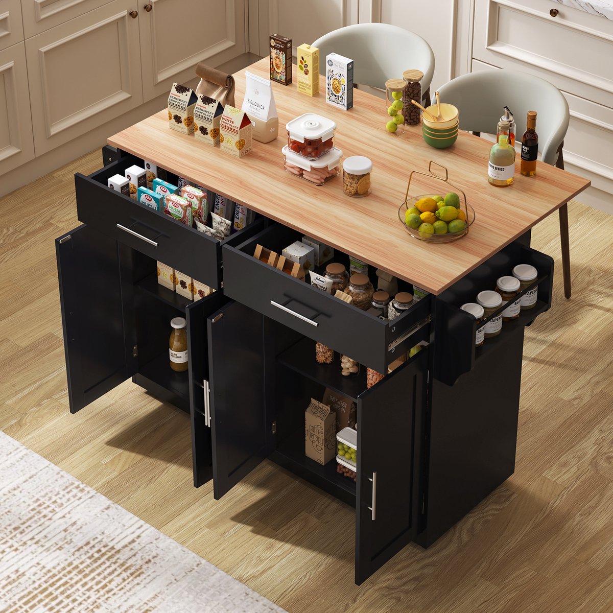 MIVRAY Keukentrolley - Klapbaar Werkblad En Opbergruimte - Voor Keuken En Eetkamer - MDF Zwart Naturel - 120x46x91,5 Cm