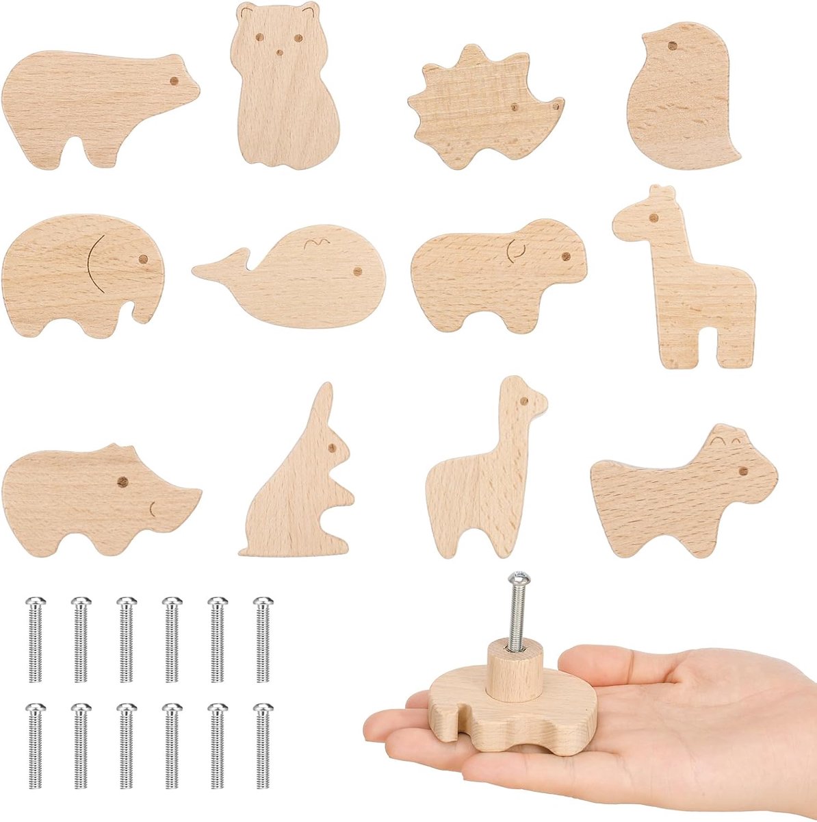Houten Meubelknoppen - Dierenvormige Kastknoppen - 12 Stuks - Natuurlijk Hout Met Schroeven - Kinderkamer En Woonkamer Decoratie - Multicolor Assortiment