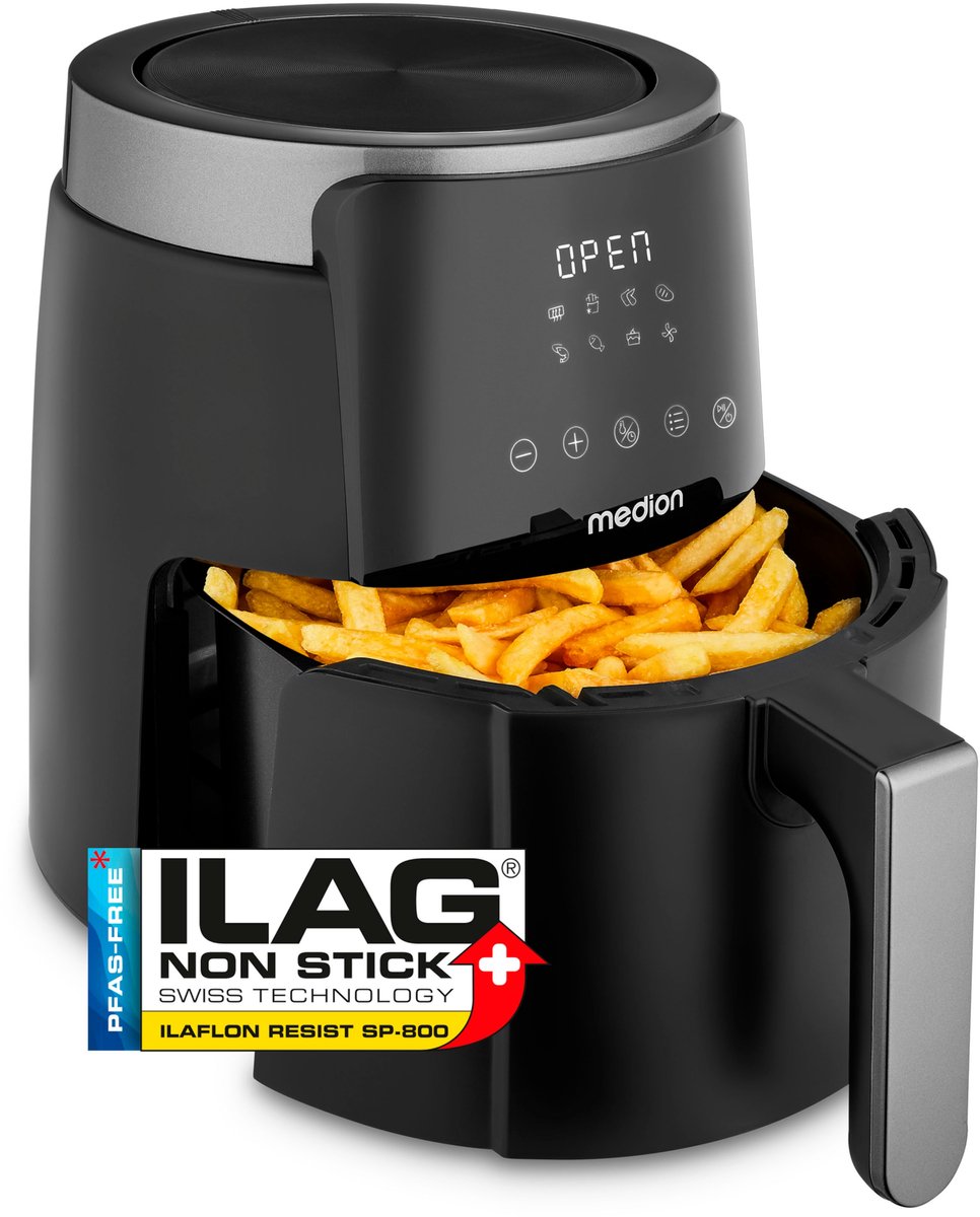 MEDION Airfryer P40 L (4,7 liter, Heteleuchtfriteuse, 1500 watt, eenvoudige bediening, olievrij frituren, 60 min timer, tot 200° C, antiaanbaklaag, MD13030) zwart