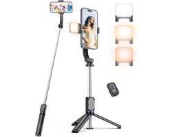 Selfie, met afneembare telefoonhouder, uitschuifbaar smartphone-statief tot maximaal 106 cm, inclusief afstandsbediening, Geschikt voor iPhone, Geschikt voor Samsung en Android (zwart met lamp)
