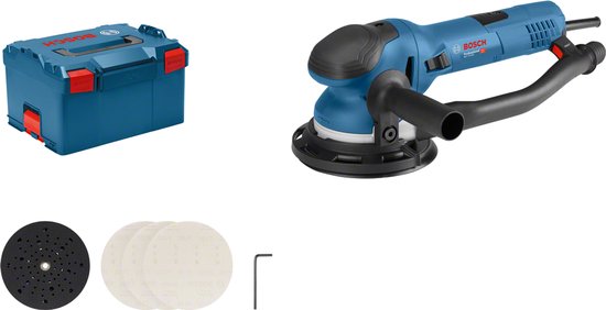 Bosch Professional excenterschuurmachine met blauwe en zwarte accenten, geleverd met blauwe L-boxx koffer, schuurpapier en accessoires.