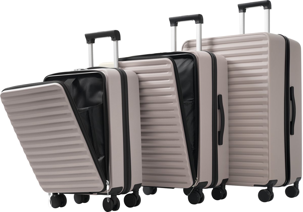 3-delige Kofferset - ABS kofferset - M / L / XL - 360° Wielen – Opvouwbaar drankrek - TSA-slot - Bruin