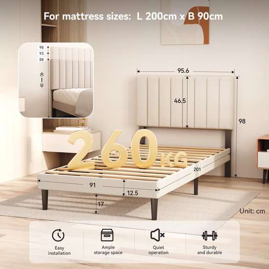 Cadre de lit Cecipa 90x200 cm - Rembourré - Rayures verticales - Rangement sous le lit - Sommier à lattes - Cadre extra robuste - Antidérapant - Lit simple - Sans matelas - Réglable - Gris