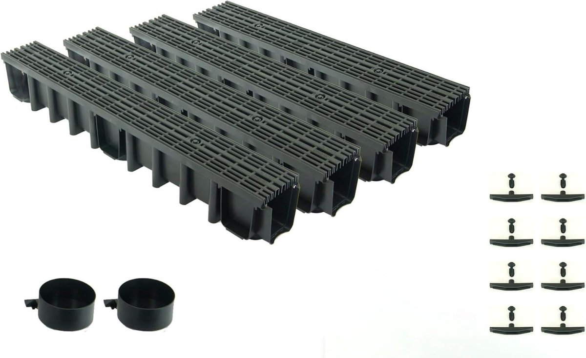 Drainagegoot Set - Vloergoot Regenwater - Water Afvoeren - Robuuste Kunststof Constructie - 4 Meter Lengte - Zwart Rooster