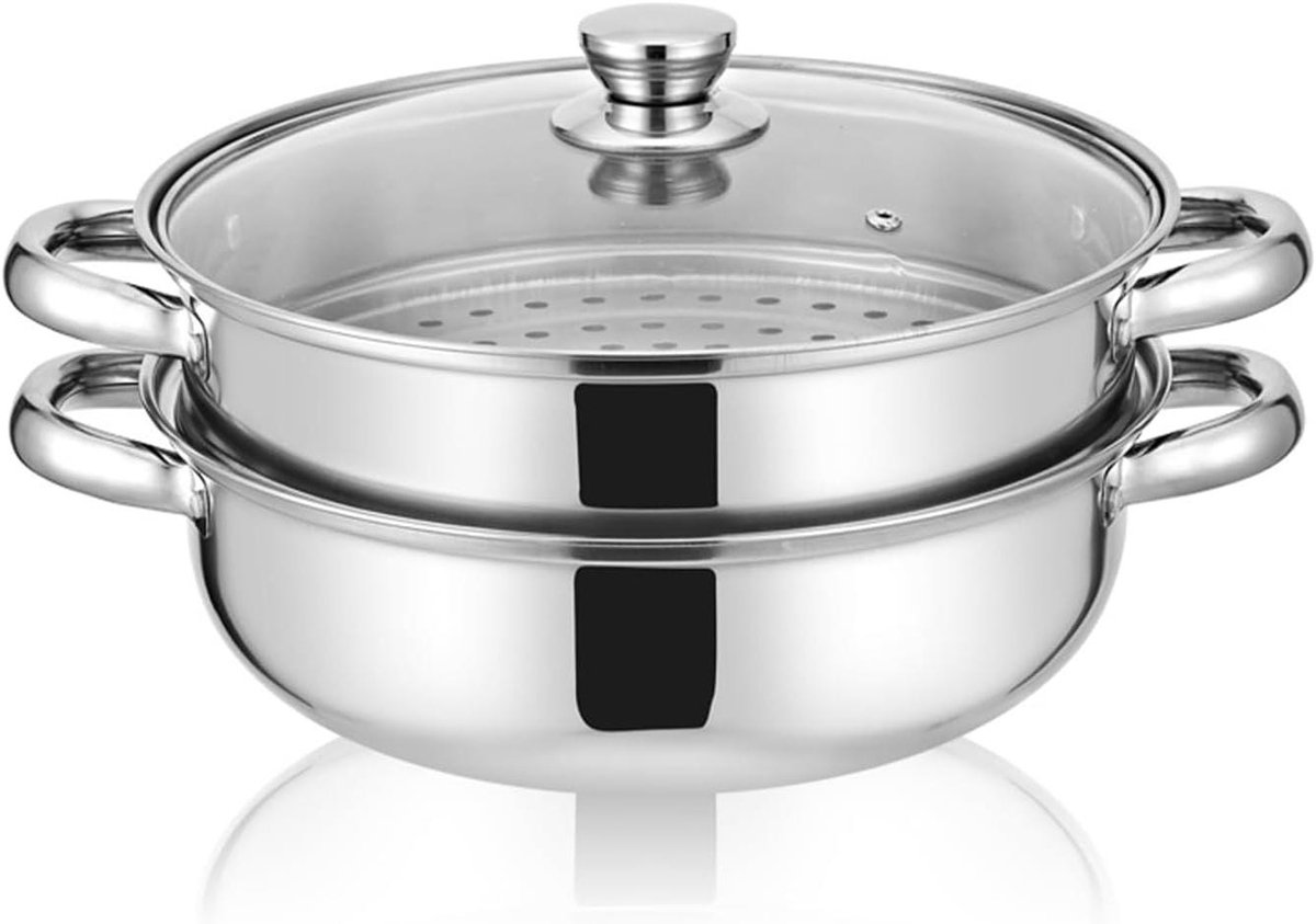 Stoompan - Stoommandje - Stoofpan met Deksel - 3 Laags - Zilver met Zwart - optimale verdeling
